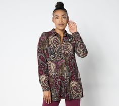 A pretty paisley print covers this button-front tunic, adding an air of sophistication to the look. Plus, the A-line silhouette is flattering to all body types, offering added wearing ease. From Susan Graver. Susan Graver, Paisley Print, Body Types, Shirt Blouses, Paisley, A Line, Top Blouse, Knitting, How To Wear