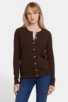 You'll reach for NYDJ's Cashmere Crewneck Cardigan season after season. Made from a luxurious cashmere knit and designed for comfort, this cardigan features a relaxed fit and button closures. | NYDJ Women's Cashmere Crewneck Cardigan in Brown, Regular, Size: Small Crewneck Cardigan, Womens Cashmere, Petite Outfits, Cardigan Tops, Jeans For Sale, Plus Clothing, Stretch Denim, Sweater Hoodie, Clothes For Sale