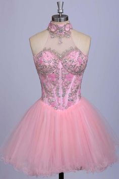 Simple Lace Up Embroidery Short A-line Tulle Homecoming Dresses,Fashion Dresses,Cute Dresses on Luulla Blush Pink Sweet 16, Blush Pink Homecoming Dress, Pink Sweet 16 Dress, Cocktail Dress For Teens, Halter Homecoming Dress, Pink Sweet 16, Gowns Short, Tulle Cocktail Dress, Sweet 16 Dress