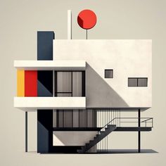 an abstract image of a house with stairs and a red ball in the air above it