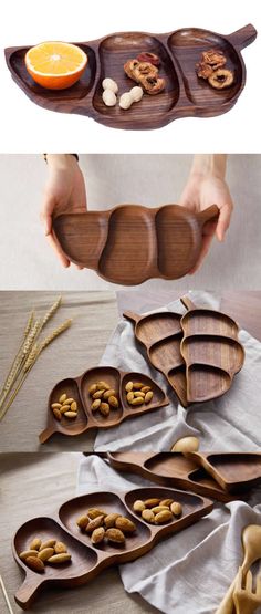 wooden serving trays with different types of food on them and in the middle, there is