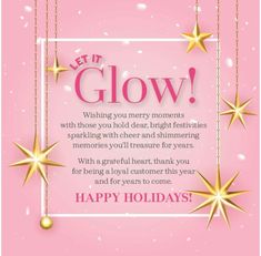 a pink holiday card with gold stars and the words, let it glow wishing you merry moments