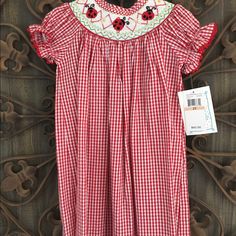 Cute Smocked Dress, Perfect For Summer! Red Smock Dress For Spring, Red Cotton Smocked Dress, Red Cotton Smocked Dress With Smocked Bodice, Red Fitted Cotton Smocked Dress, Fitted Red Cotton Smocked Dress, Red Cotton Dress With Smocked Bodice, Red Cotton Dress With Smocked Back, Casual Dress With Smocked Back For Playtime, Red Smocked Short Sleeve Dress