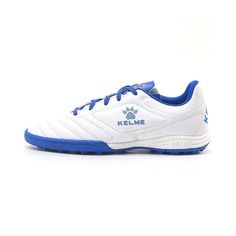 a white and blue tennis shoe with a paw on the side, in front of a white background