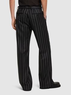 Find DOLCE & GABBANA Pinstriped Wool Pants on Editorialist. Front button and concealed zip closure. Belt loops. Two side pockets. Two back button pockets. Model is wearing a size48 Brown Pinstripe, Black Pants Men, Pinstripe Pants, Wool Trousers, Sport Swimwear, Sports Sweatshirts, Dolce And Gabbana Man, Wool Pants, Sports Brands