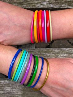 It's like wearing the rainbow on your arm. If your arm party needs more color, these sleek enamel cuffs will fit right in. This simple design is meant to pair well with the other bracelets and bangles in your stack.Choose 1 color or choose them all no matter the combination, these enamel cuff bracelets are sure to add Arm Stack, Snow Cream, Black Bangle, Turquoise Ocean, Orchid Purple, The Bangles, Enamel Bangle, Pink Pumpkins, Arm Party