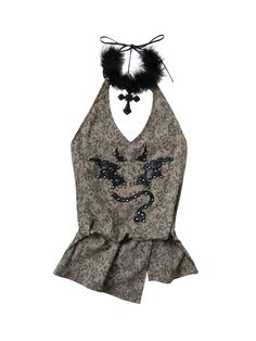 Get ready to unleash your inner rockstar with our punk rock studs design devil patch halter neck leopard top. This edgy and fierce top features a bold leopard print, a daring halter neck design, and eye-catching punk rock studs. The devil patch adds a touch of rebellious attitude, while the detachable plush collar allows for versatile styling options. Made for those who dare to stand out, this top is the perfect statement piece for any fashion-forward individual.   Please note that this product Fitted Rock Top For Alternative Fashion, Edgy Fitted Halter Neck Tops, Fitted Punk Style Tops For Festival, Edgy Halter Neck Top For Clubs, Rocker Style Fitted Tops For Halloween, Rocker Fitted Tops For Halloween, Fitted Rocker Style Tops For Halloween, Fitted Rocker Tops For Halloween, Rock Style Black Tops For Party