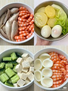 three bowls with different types of food in them, one containing eggs and the other containing shrimp