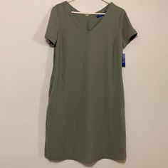 Army Green Colored V-Neck Dress With Pockets On The Sides Nwt Jk16 Summer Sheath V-neck Dress For Work, Casual Fitted Dress With Notched Neckline, Green Shift V-neck Mini Dress, Green V-neck Shift Mini Dress, Green Shift Mini Dress With V-neck, Casual V-neck Dress With Notched Neckline For Work, Casual Fitted V-neck Dress, Fitted Casual V-neck Dress, V Neck Dress