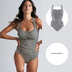 This superb, blue and ecru bathing suit features classic stripes, laid out in a unique pattern to celebrate your female shape and timeless beauty. It is unwired, but padded for comfort, featuring intricate ruching throughout the front. Low cut legs provide ideal coverage while still showcasing those breathtaking curves. And who can resist the adorable little bow, placed strategically on the small of your back? Fitted Striped Swimwear For Poolside, Classic Summer Swimwear With Lined Body, Chic Striped Swimwear With Lined Body, Chic Striped Lined Swimwear, Classic Sleeveless Swimwear For Summer, Classic Summer Swimwear, Classic Sleeveless Summer Swimwear, Classic Lined Swimwear, Striped Fitted Sleeveless Tankini