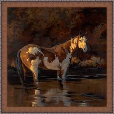 a painting of a brown and white horse standing in water