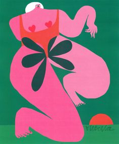 an image of a woman in pink and green with hearts on her breast holding a red ball