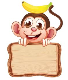 a monkey holding a wooden sign with a banana on top of it's head