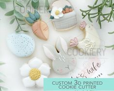 the cookie cutters are made to look like easter bunnies and other items with flowers on them