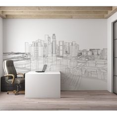 an office with a desk and chair in front of a cityscape wall mural