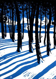 an image of trees in the snow with blue and white stripes on it's side