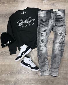 #outfit Jordan Outfit Ideas For Men, What The Jordan 5 Outfit, Retro Jordan Outfits Men, Black Shoes Outfit Men Streetwear, Jordan 11 Outfit Men Style, Outfit Grid Streetwear, Hoodie Outfit Men Streetwear, Jordan Outfits For Men