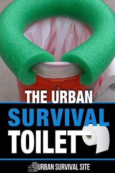 the urban survival toilet cover is green and has a red trash can in front of it