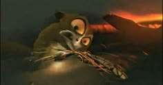 an animated image of a bird flying through the air with its wings spread out and eyes wide open