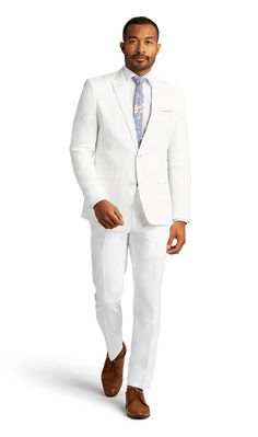 A slim white two button notch lapel suit. White Three Piece Suit, Light Brown Shoes, Notch Lapel Suit, Male Suit, Classic White Wedding, Suit White, Wedding Suits Groom, White Suit, Suit Shoes