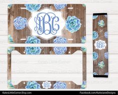 a wooden license plate with blue flowers and monogrammed initials on the front, and back