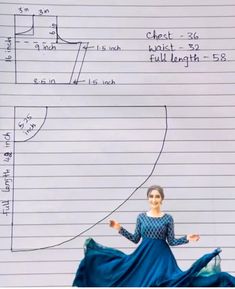 a drawing of a woman in a blue dress with her hand on her hip, standing next to a paper diagram