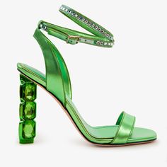 Materials Upper: LeatherLining: LeatherSole : Leather MEASUREMENTS Heel height: 4" Torola Green Stony Heel Leather Women Sandal: Versatile Chic for Day-to-Night Glam Emerald Elegance: Immerse yourself in the luxurious allure of the Torola Emerald Stony Heel Leather Women Sandal, meticulously crafted from 100% genuine calf leather in a captivating green reminiscent of emeralds. Chic Daytime Glam: Experience daytime sophistication as the unique stony heel design seamlessly transitions from casual Formal Green Embellished Sandals, Formal Green Sandals With Rhinestones, Green Leather Sandals For Party, Green Leather Party Sandals, Green Ankle Strap Sandals For Cocktail, Farfetch Shoes, Daytime Glam, Edgy Glam, Mould Design