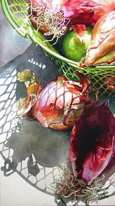 a painting of red onions in a green bowl