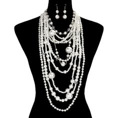 Gorgeous Messy Look Multi Layered Bib Style Pearl Chunky Statement Necklace Set Color : White Necklace Size : 18.5" + 3.5" L Decor Size : 13" L Drop Earring Size : 2.2" L Theme : Pearl W 0053 N White Elegant Multi-strand Layered Necklace, Elegant White Multi-strand Layered Necklace, White Long Necklace For Party, White Pearl Layered Necklace For Parties, Chic White Layered Necklace, White Multi-strand Layered Necklace With Pearl Chain, White Multi-strand Layered Pearl Necklace, Multi-strand White Pearl Necklace For Parties, White Multi-strand Pearl Necklace For Party