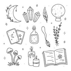 Download this Premium Vector about Set of doodles with magic and occult elements, and discover more than 15 Million Professional Graphic Resources on Freepik Tarot Doodles Easy, Books Doodles Drawings, Magic Drawing Ideas Easy, Witchy Doodles Step By Step, Easy Witchy Doodles, Drawing Ideas Magic, Magical Drawings Easy, Witchcraft Drawing Easy, Magical Things To Draw