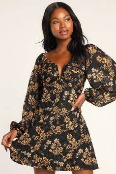 Update your style for the new season with the casual yet elegant vibes of the Lulus Dressed Up Darling Black Floral Balloon Sleeve Mini Dress! Lightweight woven chiffon, with a subtle jacquard and chic floral print throughout, shapes long balloon sleeves (with elastic at the cuffs and shoulders) that frame a gathered bodice with a hidden V-bar at the neckline. Skirt has a relaxed fit and falls to an airy mini hem. Hidden zipper/clasp at back. Fit: This garment fits true to size. Length: Mid-thig Long Sleeve Burgundy Dress, Maroon Long Sleeve Dress, Elegant Vibes, Grad Outfits, Wrap Sweater Dress, Mini Gold Dress, Floral Balloons, Gathered Bodice, High Low Maxi Dress