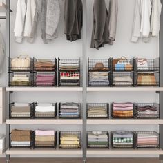 an organized closet with clothes and linens