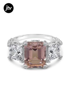 Judith Ripka 4ct Octagonal Pink Morganite Simulant And 4.29ctw Square and 0.83ctw Round Bella Luce Diamond SImulant Rhodium Over Sterling Silver Ring. Measures Approximately 0.40"L x 0.75"W. Not Sizeable. Judith Ripka, Pink Morganite, Diamond Simulant, Morganite, Sterling Silver Ring, Silver Ring, Sterling Silver Rings, Silver Rings, Sterling Silver