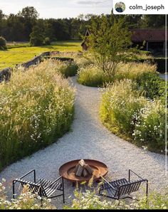 an outdoor fire pit in the middle of a gravel path surrounded by wildflowers