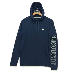 Vintage Nike Swoosh Just Do It hoodie in navy blue colour. Embroidered logo on the chest. Still in good condition. SEE THE PICTURES FOR MORE DETAILS. CONDITION : 9/10 MEASUREMENT Pit : 19.5 inch Length : 26 inch Shoulder : - Arm Length : 29 inch Size On Tag : S Recommended Size : XS-S PAYMENT We accept PayPal only. The item will be ship 3-5 days once the payment has been made. SHIPPING DHL ONLY. USUALLY AROUND 7-21 DAYS BEFORE REACH THE DESTINATION. *NOTES TO BUYERS* PLEASE DO NOT RELY ON THE SI Navy Hoodie With Embroidered Logo, Navy Long Sleeve Hoodie With Embroidered Logo, Navy Casual Hoodie With Embroidered Logo, Sports Hoodie Sweatshirt With Embroidered Logo, Sports Season Hoodie With Embroidered Logo, Sports Hooded Top With Embroidered Logo, Navy Sporty Sweatshirt With Logo Print, Navy Sportswear Hoodie, Blue Hoodie With Embroidered Logo