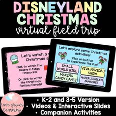 the disneyland christmas virtual field trip with text and pictures on it, including an ipad