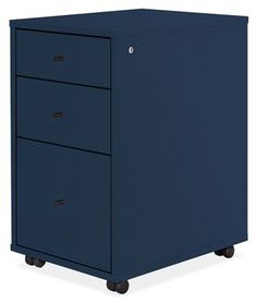 a blue filing cabinet with three drawers on casteors and wheels, viewed from the front