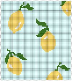 a cross stitch pattern with two lemons on the same background, one is yellow and the other has green leaves