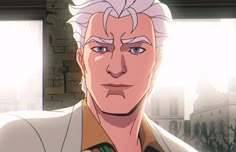 an anime character with white hair and blue eyes looks at the camera while standing in front of a brick wall