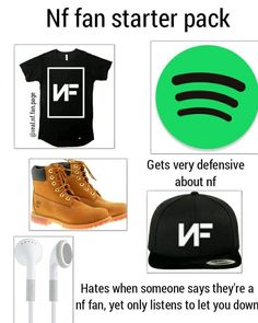 an image of a hat, headphones, and t - shirt that says nf fan starter pack