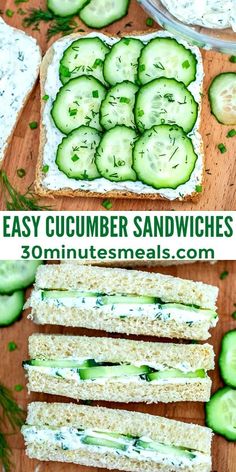 cucumber sandwiches with cream cheese and dill pickles on them are ready to be eaten