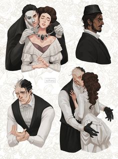 four different pictures of people dressed up as dracula and the bride in white gowns