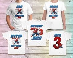 three matching shirts with the names of each character