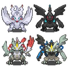 four different types of pokemons in pixel art