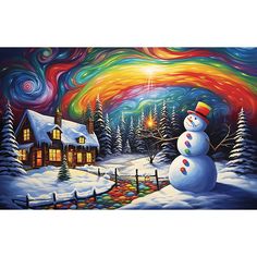 a painting of a snowman in front of a house with a colorful sky behind it