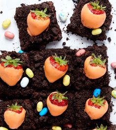 chocolate brownies decorated with strawberries and candy eggs