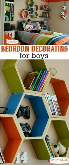 a hexagonal shelving unit with video game controllers and bookshelves on it