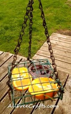 a cage filled with oranges sitting on top of a wooden floor next to grass