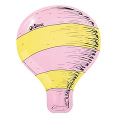 a pink and yellow striped hot air balloon with dr seuss written on the side