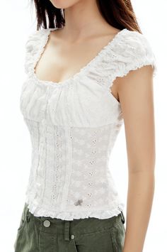 Capture an effortless vibe with our Ruffled Square Neck Lace Crop Top, where romance meets casual chic. This top showcases exquisite lace detailing and an appealing square neckline, complemented by charming ruffled edges. Crafted entirely from pure, breathable cotton, it's as comfortable as it is stylish. Its slim-fit design flatters the silhouette, while the lightweight nature ensures ease of wear for any occasion. Whether paired with your favorite high-waisted jeans for a casual outing, or wit Elegant Tops With Lace Trim And Ruffled Straps, Elegant Cotton Lace Top With Ruffles, Casual Tops With Lace Trim And Ruffled Straps, Spring Square Neck Tops With Lace Trim, Spring Square Neck Top With Lace Trim, Feminine Blouse With Lace Trim And Square Neck, Feminine Square Neck Blouse With Lace Trim, Feminine Lace Top With Square Neck, Feminine Tops With Lace Trim And Ruffled Straps